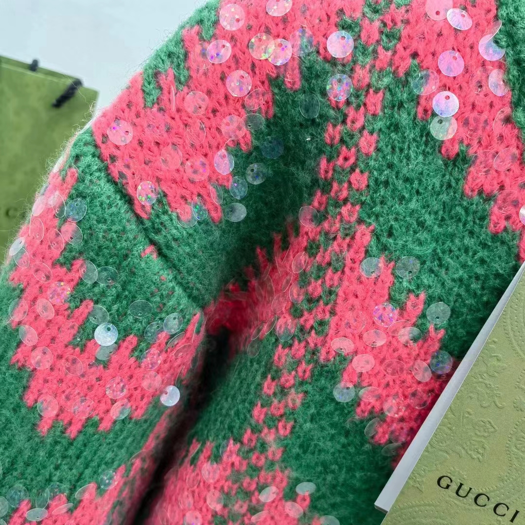 Gucci Women GG Chevron Wool Sequin Sweater Crewneck Mohair Polyamide Puffed Sleeves