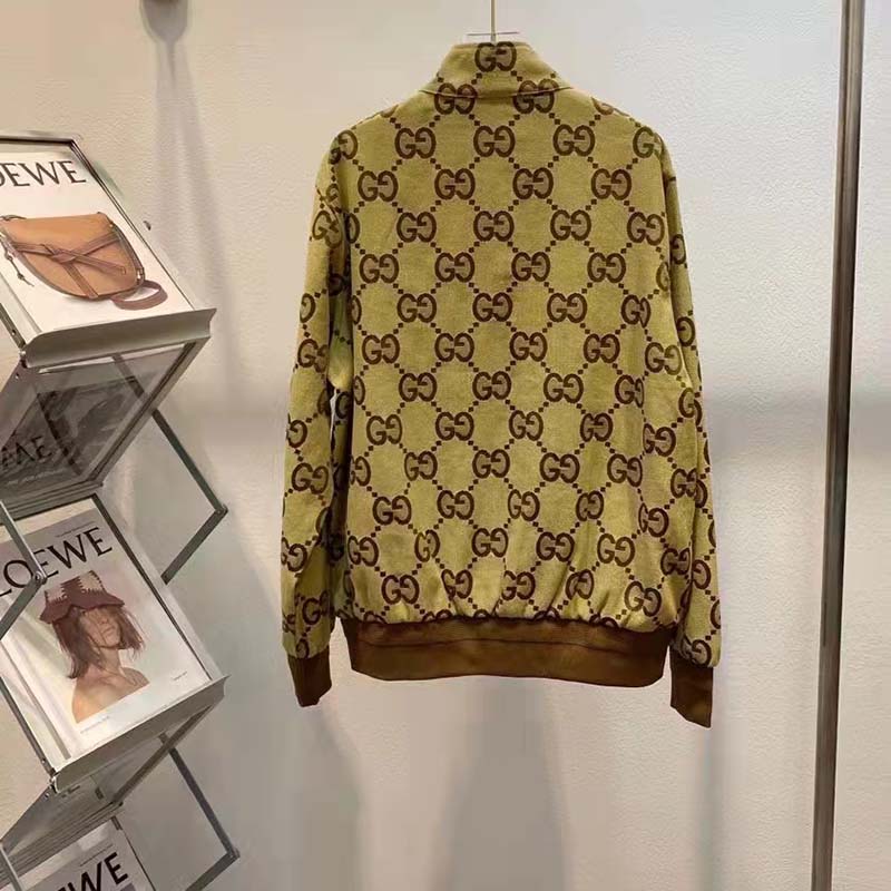 Gucci Men Jumbo GG Canvas Jacket Beige Ebony Jumbo Cotton Wool Leather