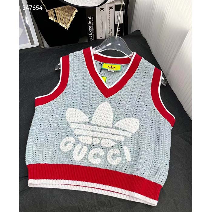 Gucci Women GG Adidas x Gucci Rib Stitch Sleeveless Top Cotton Trefoil Embroidery Knit V-Neck