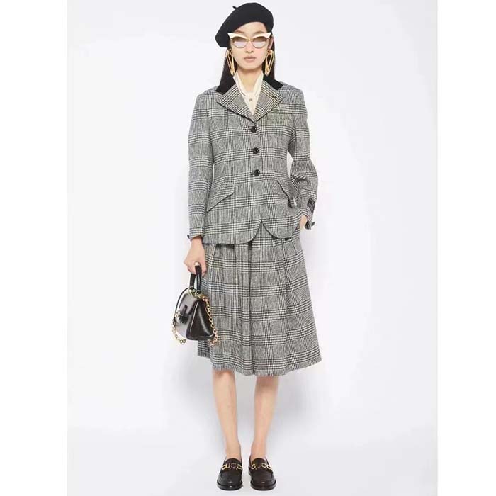 Gucci Women GG Prince Wales Check Pleated Skirt Black White Wool Button Closure