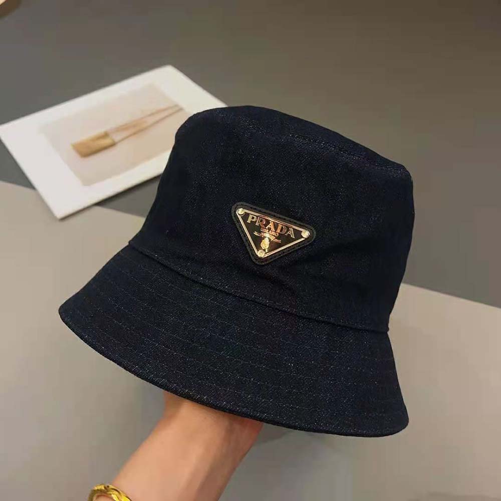 Prada Women Denim Bucket Hat-Navy