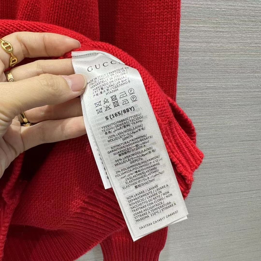 Gucci Women GG Red Wool Top Gucci Intarsia Crewneck Dropped Shoulder Long Sleeves