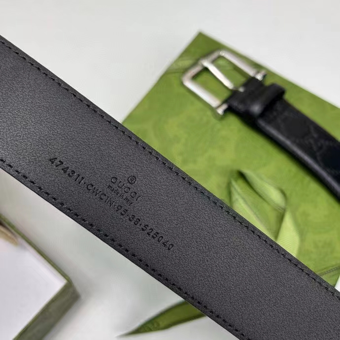 Gucci Unisex GG Gucci Signature Belt GG Detail Black Square Buckle Metal 3.8 CM Width