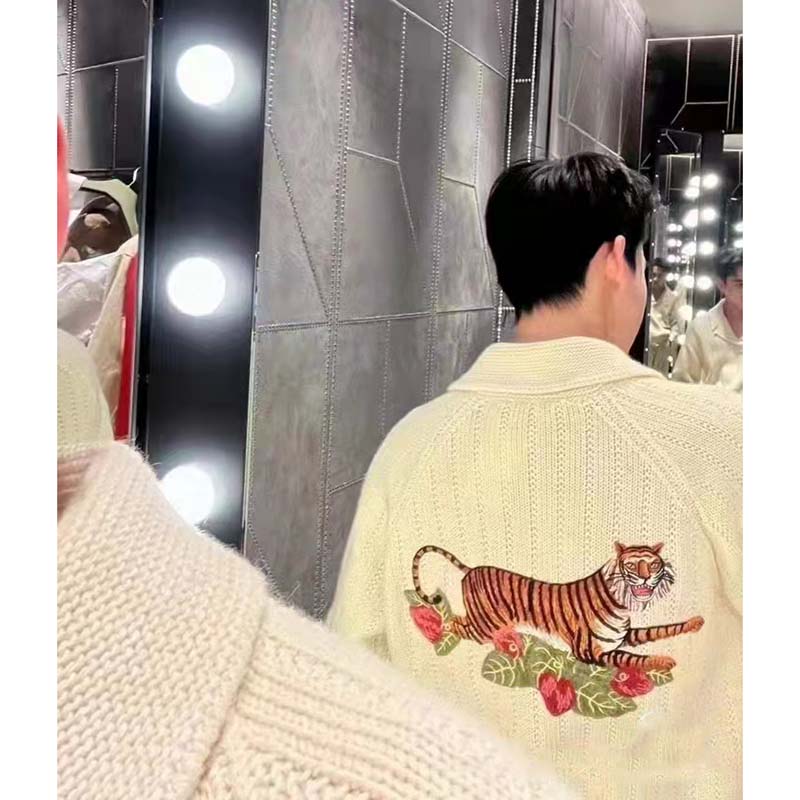 Gucci GG Men Gucci Tiger Knit Sweater Patch Wool Cotton Tiger Flower