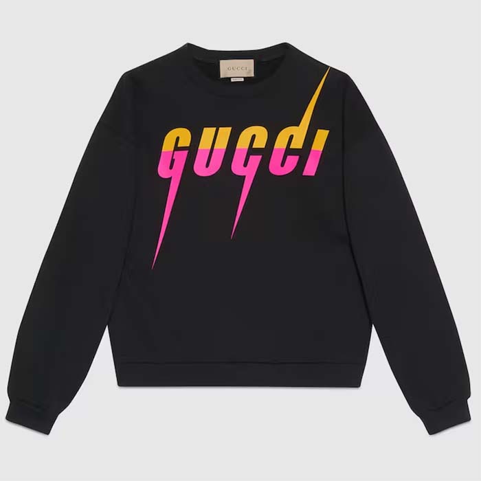 Gucci Women GG Cotton Jersey Printed Sweatshirt Black Felted Blade Print Crewneck Long Sleeves