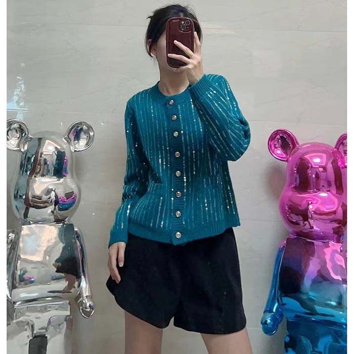 Gucci Women GG Mohair Silk Cardigan Teal Blend Sequin Embroidery Crewneck Long Sleeves