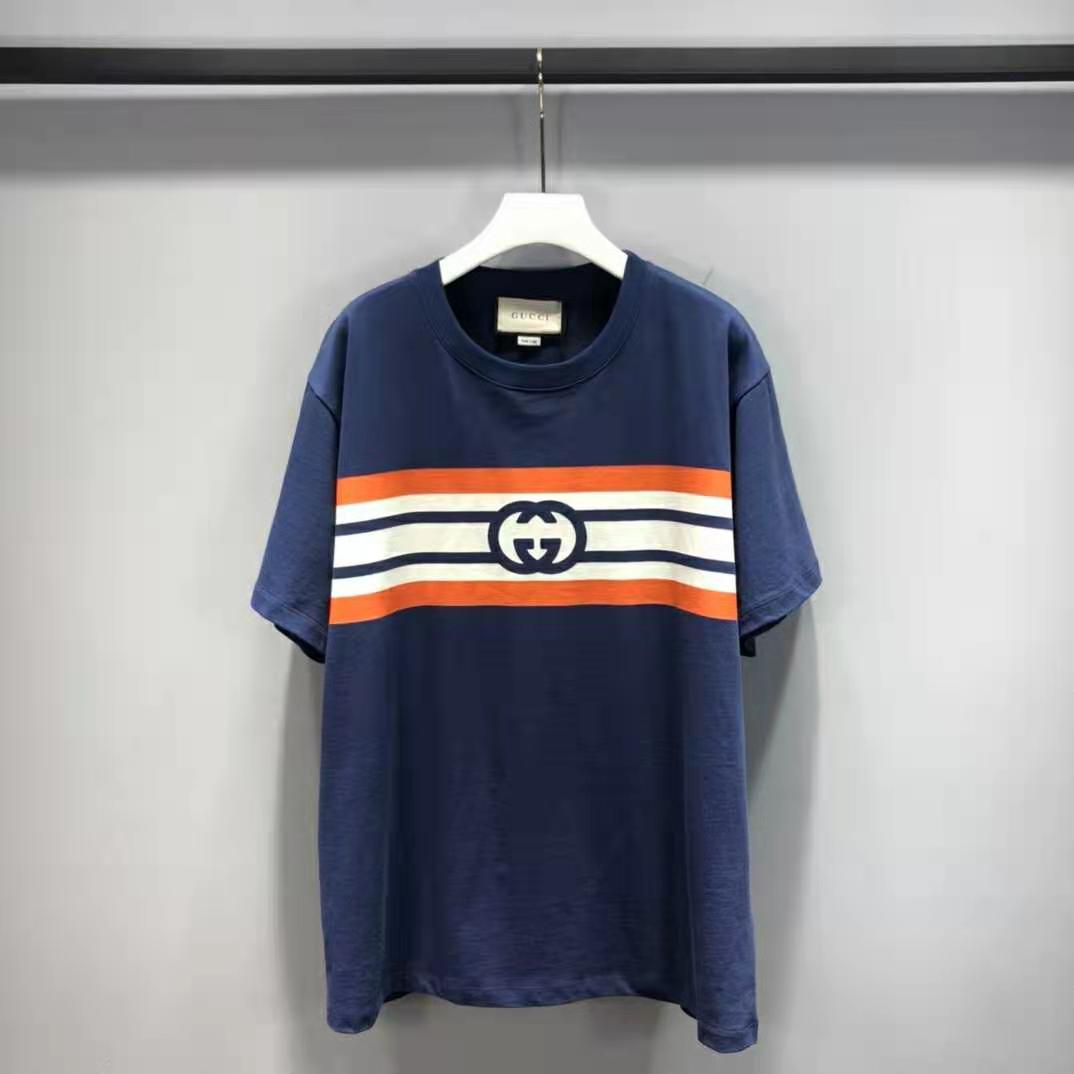 Gucci Women Interlocking G Stripe Print T-Shirt Cotton Jersey Crewneck Oversize Fit-Navy