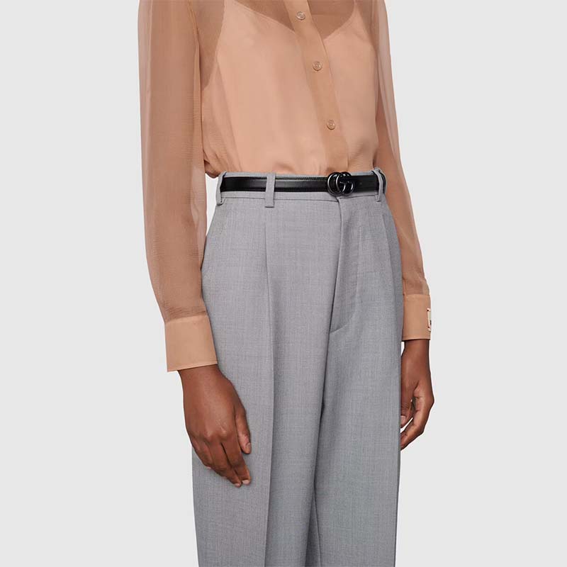 Gucci Unisex GG Marmont Thin Belt Black Leather Double G Buckle 2 cm Width