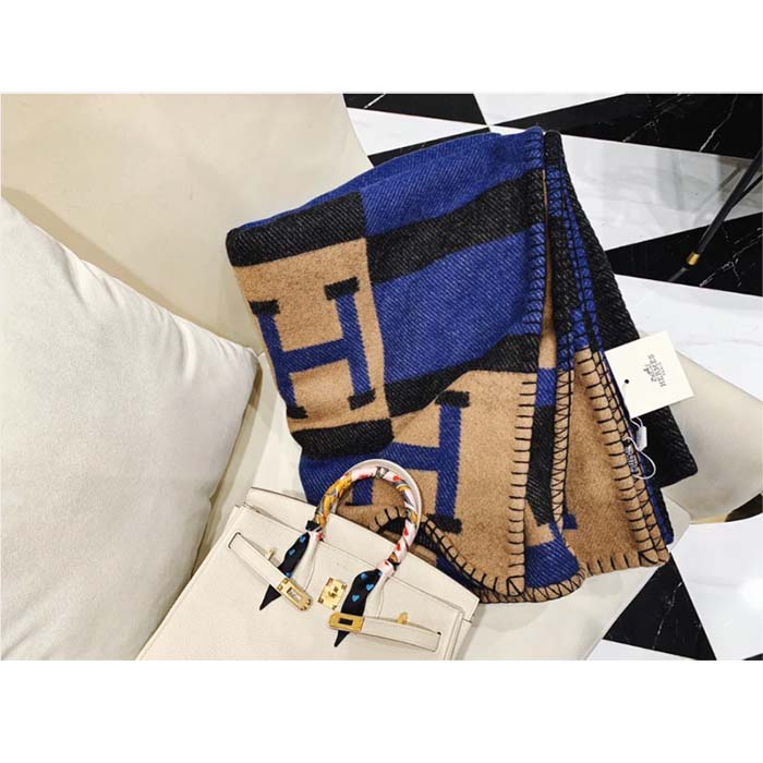 Hermes Unisex Wool Cashmere Blue Navy Beige Black Multifunction Blanket Scarf