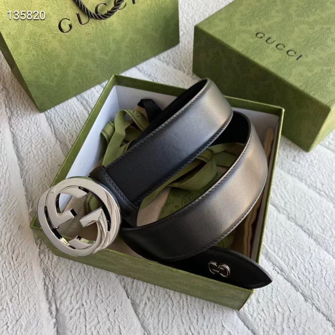 Gucci Unisex GG Leather Belt with Interlocking G Black 3.8 cm Width