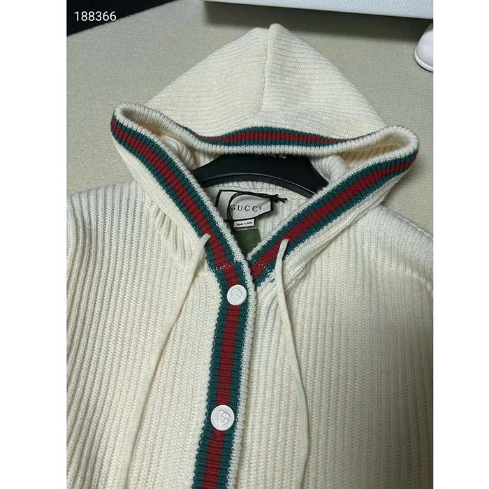 Gucci Women Rib Stitch Wool Cardigan Web Fixed Hood Drawstring Dropped Shoulder Long Sleeves