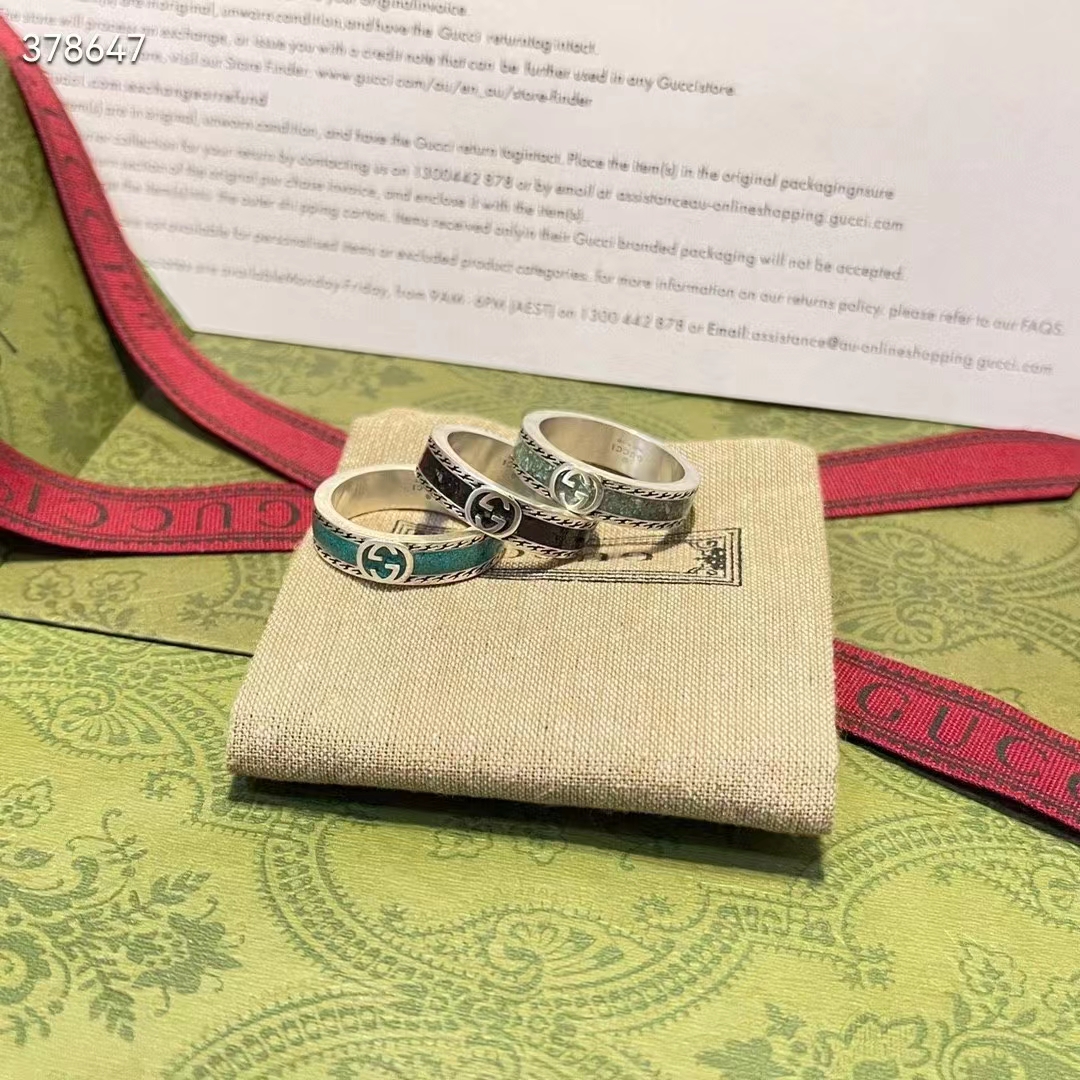 Gucci Unisex GG Ring Interlocking G 925 Sterling Silver Turquoise Enamel Textured Trim
