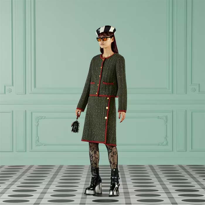 Gucci Women GG Cable Knit Wool Jacket Dark Green Cable Knit Wool Green Red Stripe