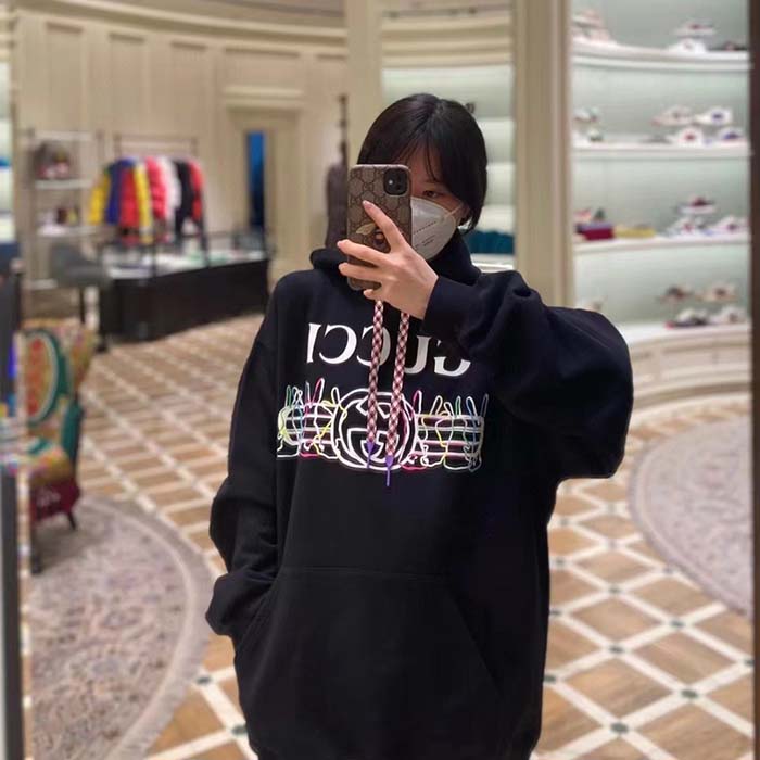 Gucci Women GG Cotton Jersey Sweatshirt Black Felted Long Sleeves Kangaroo Front Pocket