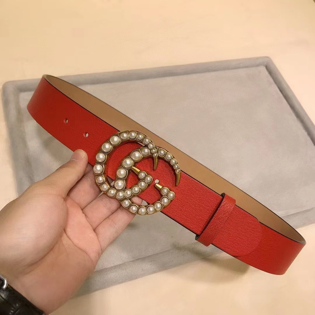 Gucci Unisex Leather Belt Pearl Double G Red 3.8 CM Width