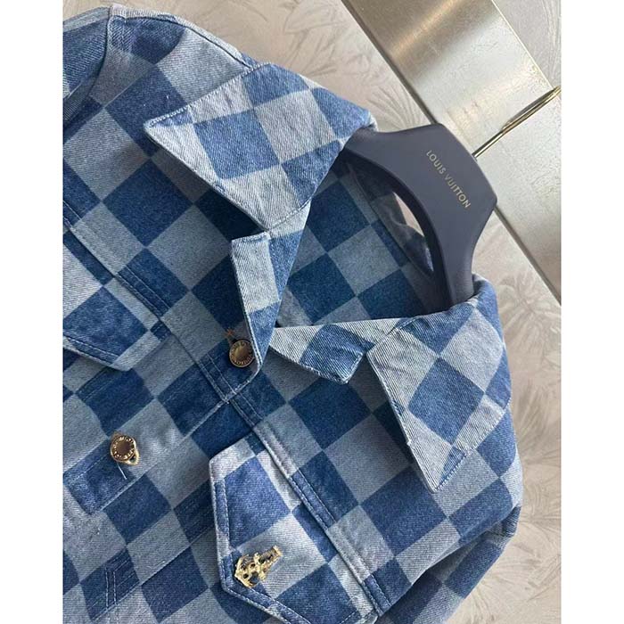 Louis Vuitton Women LV Damier Denim Jacket Cotton Blue Regular Fit 1AFGDH
