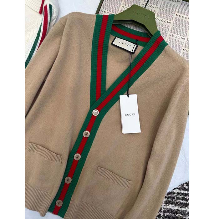 Gucci Women GG Knit Wool Cardigan Web V-Neck Long Sleeves