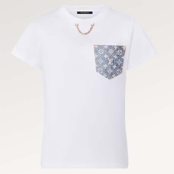 Louis Vuitton Women Monogram Pocket T-Shirt Cotton White Monogram Jacquard Denim LV Golden Chain