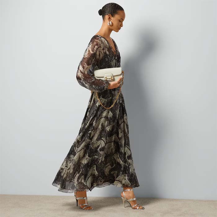 Gucci Women GG Meadow Horses Print Silk Dress Crewneck Balloon Sleeves Flared Skirt