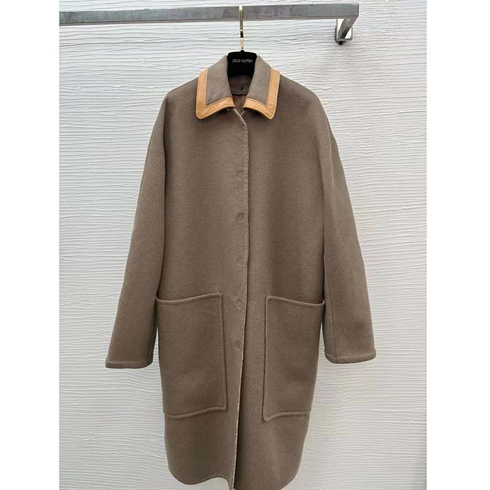 Louis Vuitton Women LV Removable Collar Double Face Coat Wool Silk Ficelle Foncée Brown Regular Fit