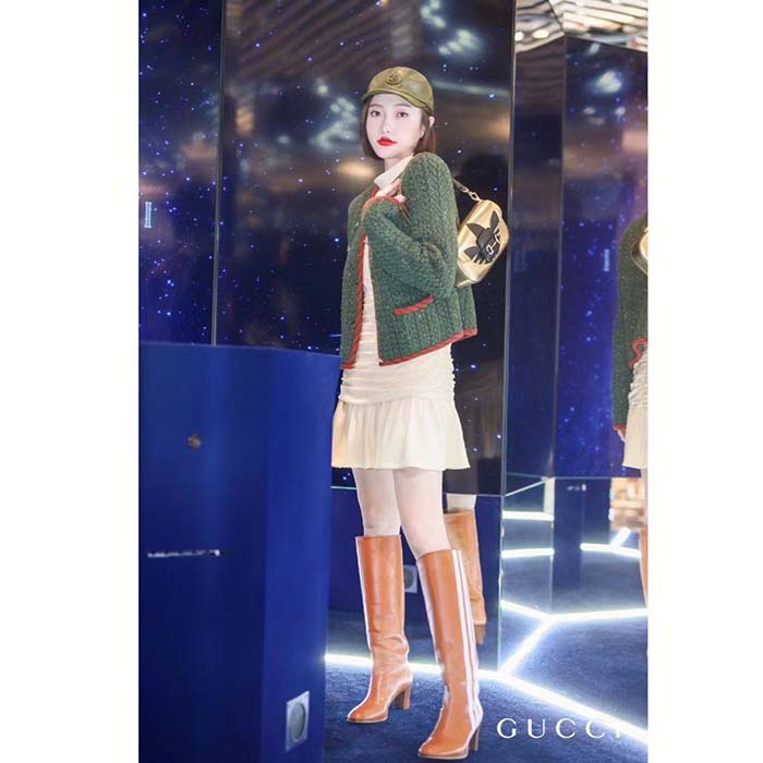 Gucci Women GG Cable Knit Wool Jacket Dark Green Collarless Wool Cotton