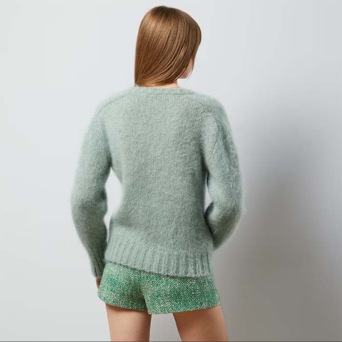 Gucci Women GG Wool Mohair Sweater Crystal G Blue V-Neck Dropped Shoulder Long Sleeves