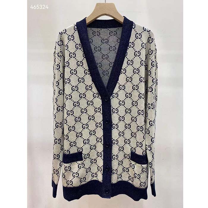 Gucci Women GG Cotton Jacquard Cardigan V-Neck Two Front Pockets