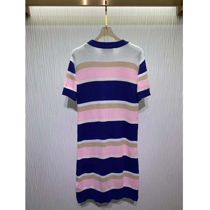 Gucci Women GG Striped Cotton Wool Dress Patch Round Neck