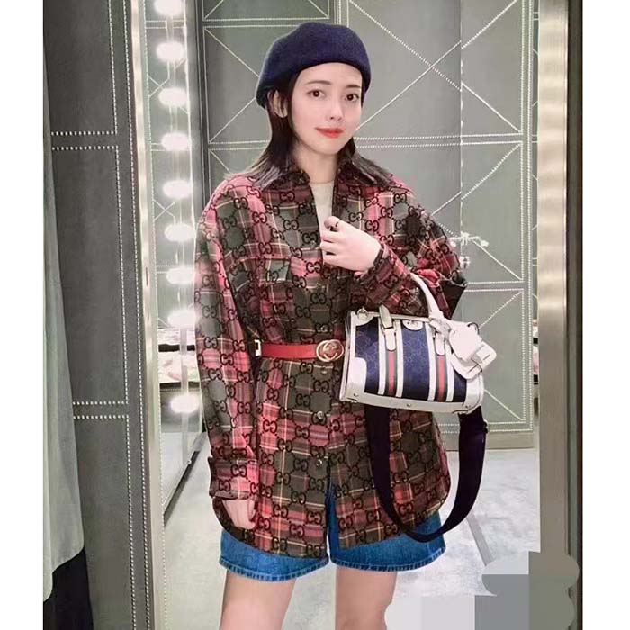 Gucci Women GG Tartan Wool Shirt Green Red GG Point Collar Long Sleeves Button Cuffs