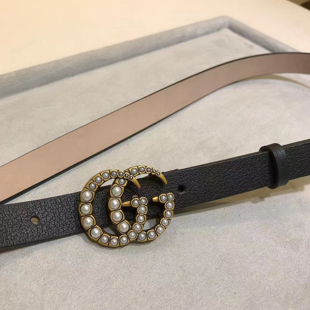 Gucci Unisex GG Leather Belt Pearl Double G Buckle Black 2 CM Width