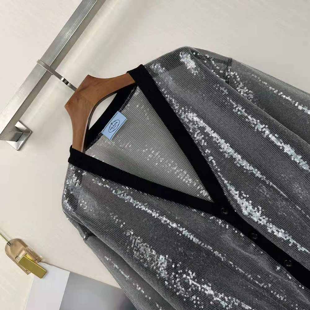 Prada Women Sequin-Embroidered Tulle Cardigan-Black