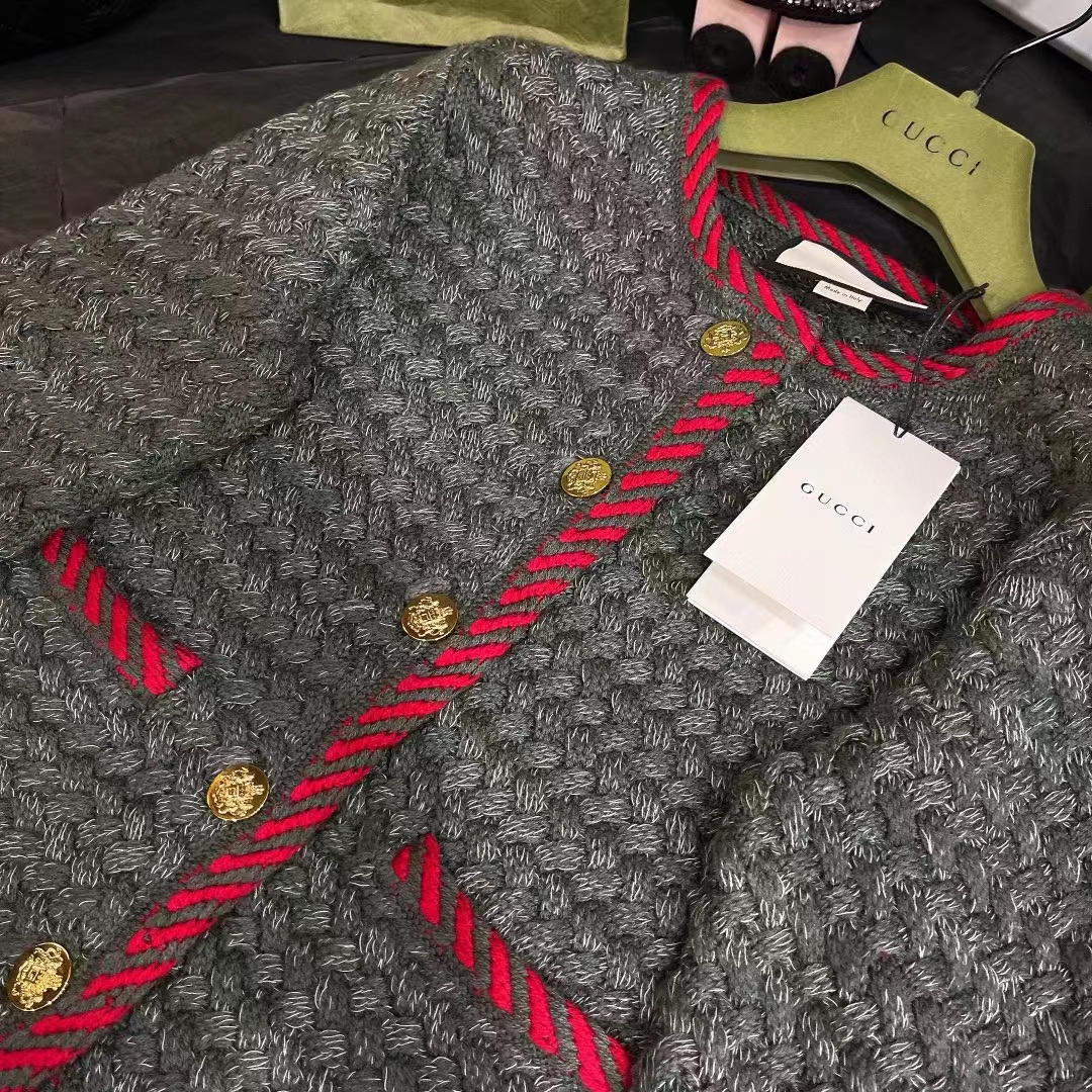 Gucci Women GG Cable Knit Wool Jacket Dark Green Collarless Wool Cotton