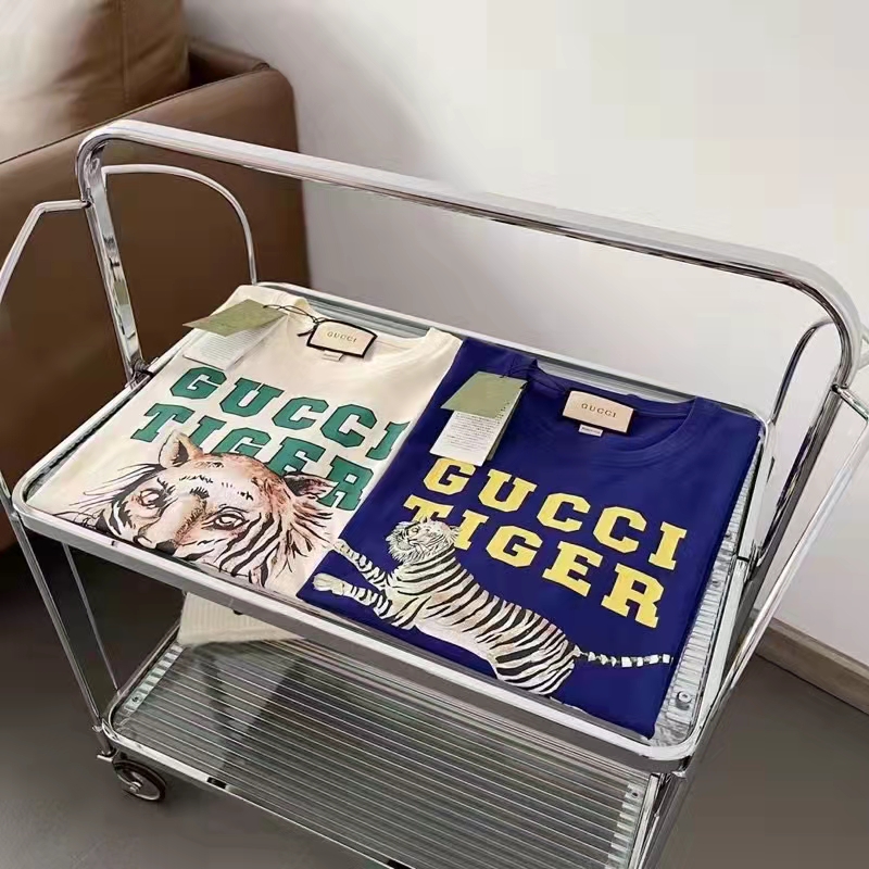 Gucci GG Women Gucci Tiger Cotton T-Shirt Blue Cotton Jersey Crewneck