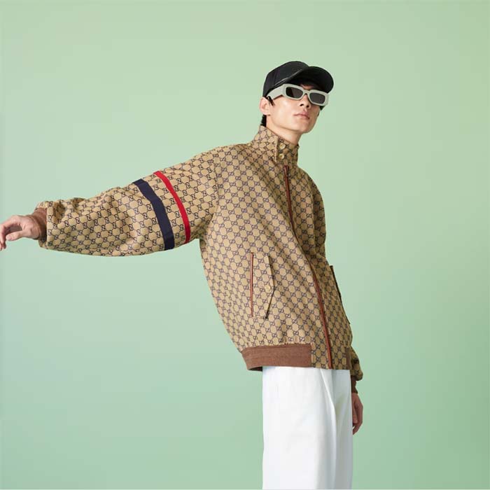 Gucci Men GG Cotton Canvas Zip Jacket Beige Blue Leather Lined Stand Collar Buttons