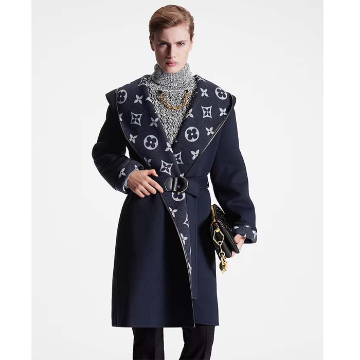 Louis Vuitton LV Women Signature Hooded Wrap Coat Wool Silk Night Blue Regular Fit