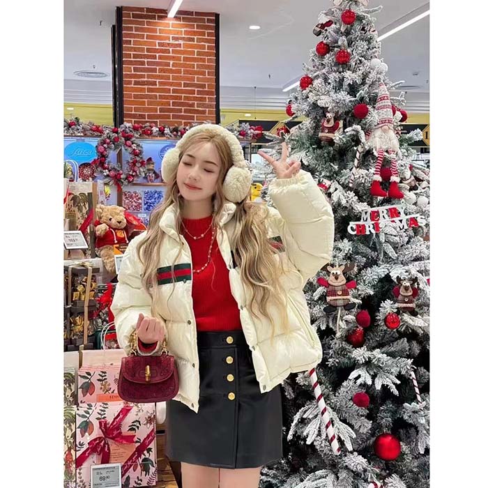 Gucci Women GG Padded Nylon Bomber Jacket Web White Goose Down Detachable Sleeves High Neck