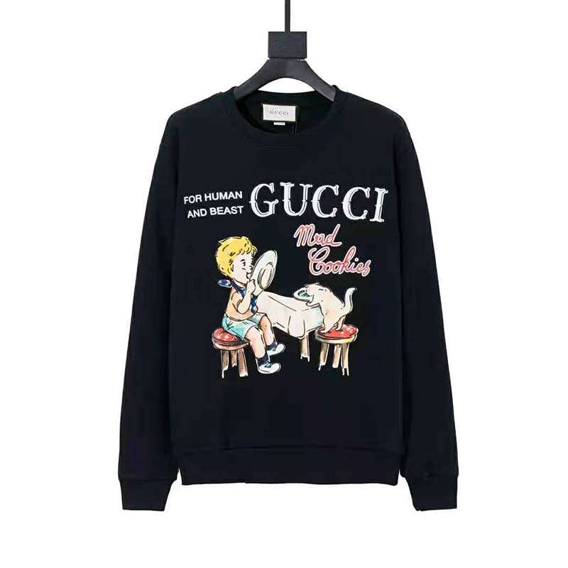 Gucci Men Gucci ‘Mad Cookies’ Print Sweatshirt Cotton Crewneck Slim Fit-Black