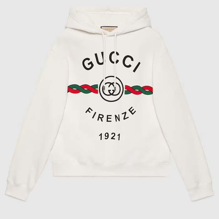 Gucci Women Cotton Gucci Firenze 1921 Hooded Sweatshirt White Jersey Long Sleeves