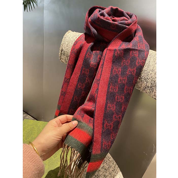 Gucci Unisex GG Jacquard Cotton Stole Red Blue Fringe