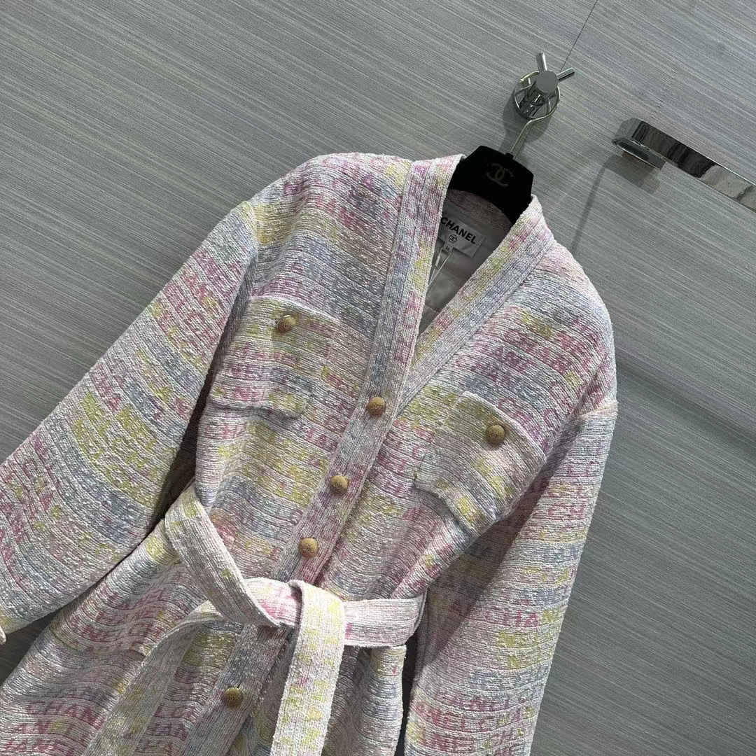 Chanel Women CC Coat Embroidered Cotton Wool Tweed Pink Yellow Ecru Blue Ref. P76296 V68251 NS965