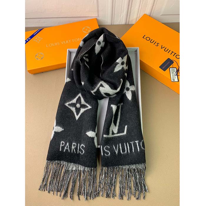 Louis Vuitton LV Unisex Reykjavik Scarf Black Soft Cashmere Monogram Pattern