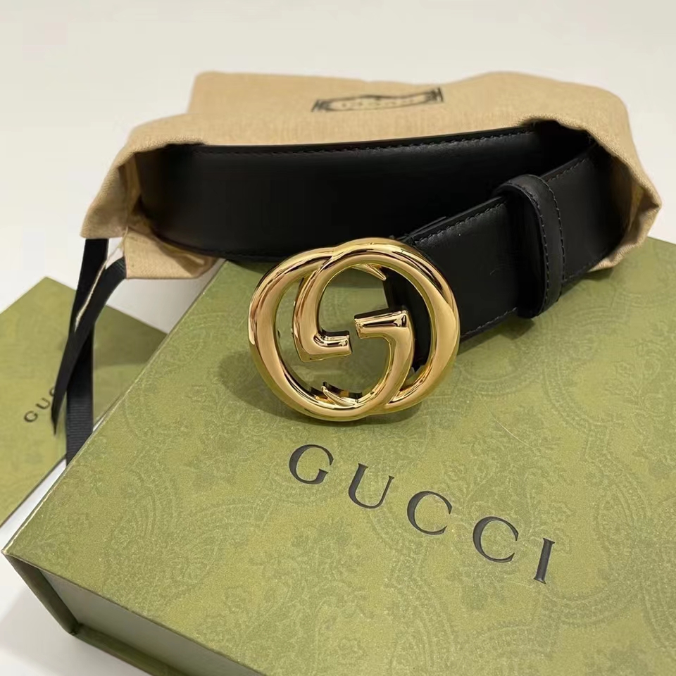 Gucci Unisex GG Blondie Belt Round Interlocking G Buckle Black Leather 4 CM Width