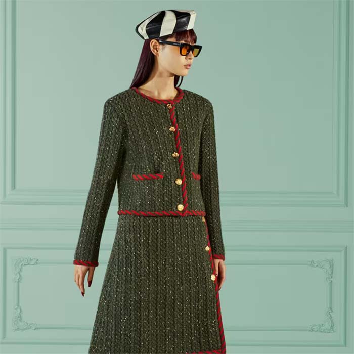 Gucci Women GG Cable Knit Wool Jacket Dark Green Cable Knit Wool Green Red Stripe