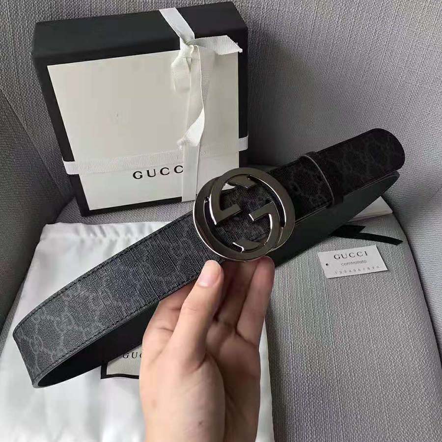 Gucci Unisex GG Supreme Belt with G Buckle in Black/Grey GG Supreme Canvas