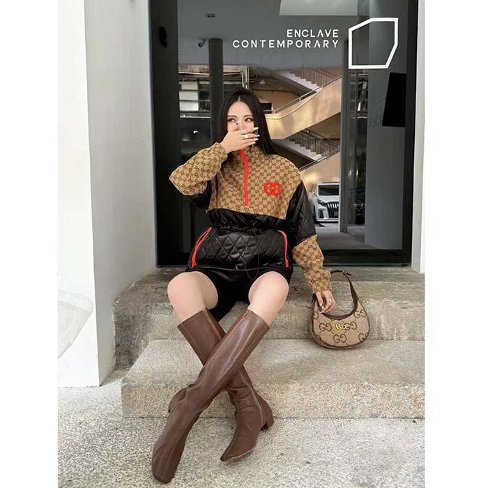 Gucci Women GG Canvas Nylon Zip Jacket Interlocking G Patch High Collar Drawstring Waistband