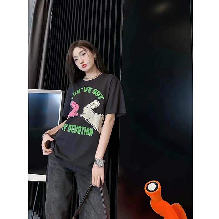 Gucci Women GG HA HA HA Bunny T-Shirt Black Medium Cotton Jersey Crewneck
