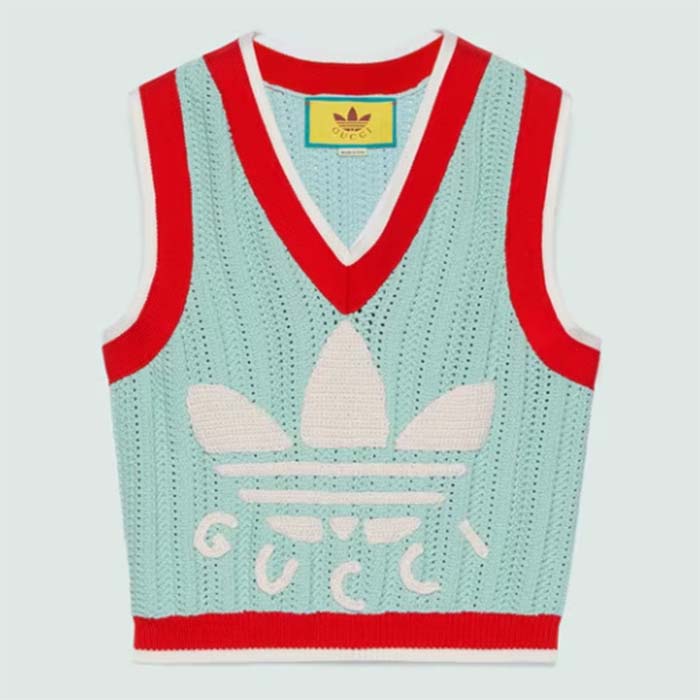 Gucci Men GG Adidas x Gucci Rib Stitch Sleeveless Top Cotton Trefoil Embroidery Knit V-Neck