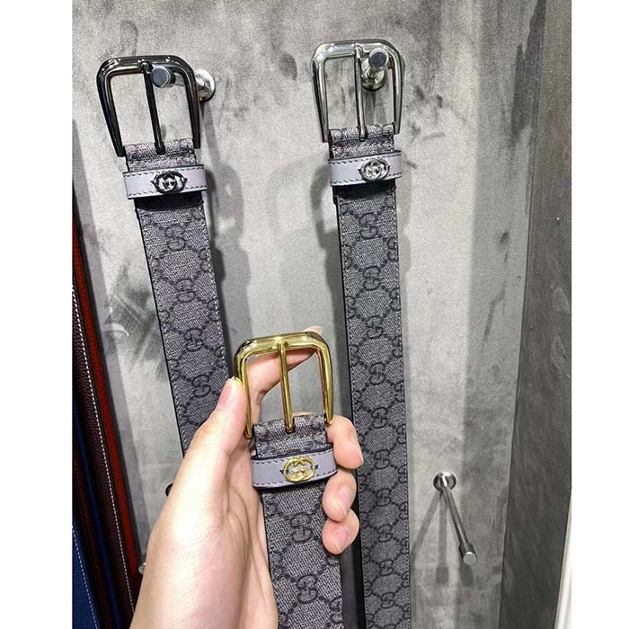 Gucci GG Unisex Belt Interlockig G Grey Black GG Supreme Canvas Leather Square Buckle