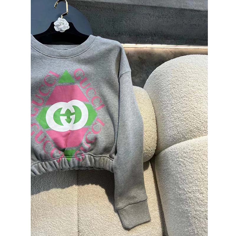 Gucci GG Women Cotton Jersey Sweatshirt Grey Heavy Felted Cotton Crewneck Long Sleeves