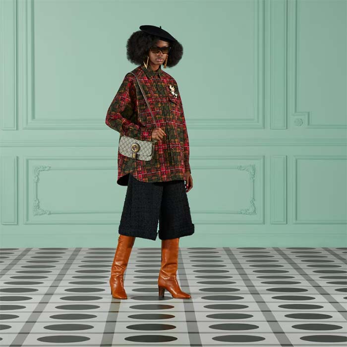 Gucci Women GG Tartan Wool Shirt Green Red GG Point Collar Long Sleeves Button Cuffs